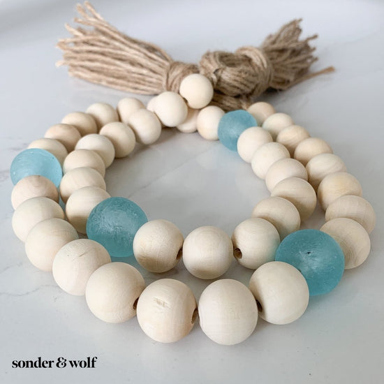 Load image into Gallery viewer, Wood Bead Garland with Ice Blue Recycled Glass Beads - sonder and wolf

