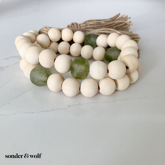 Wood Bead Garland with Olive Green Recycled Glass Beads - sonder and wolf