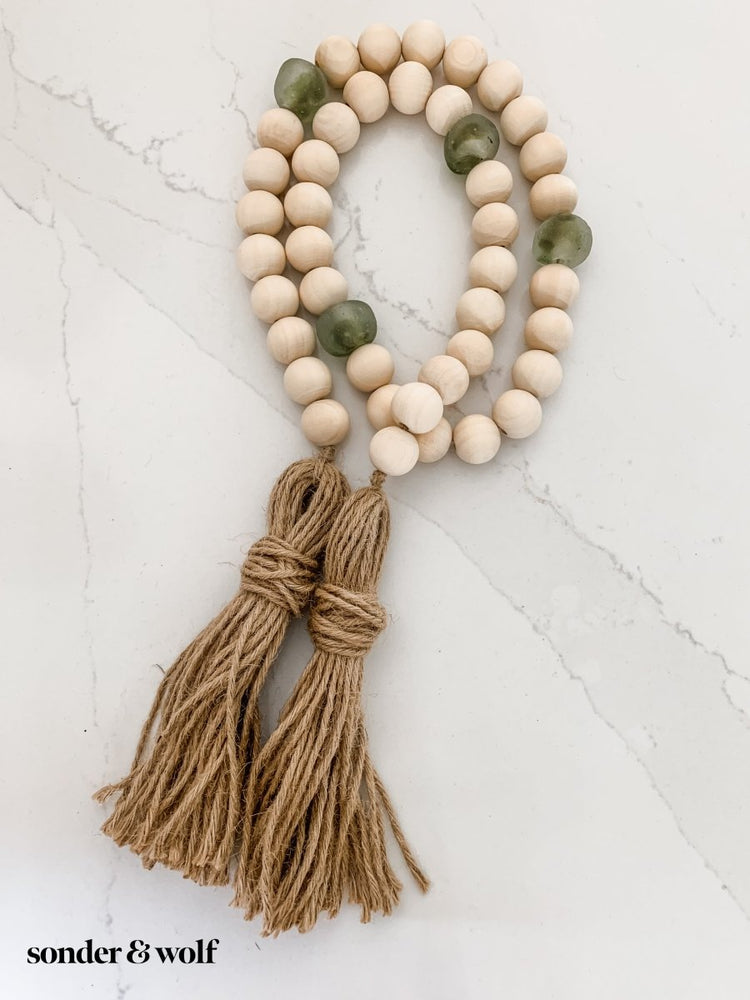 
                  
                    Wood Bead Garland with Olive Green Recycled Glass Beads - sonder and wolf
                  
                