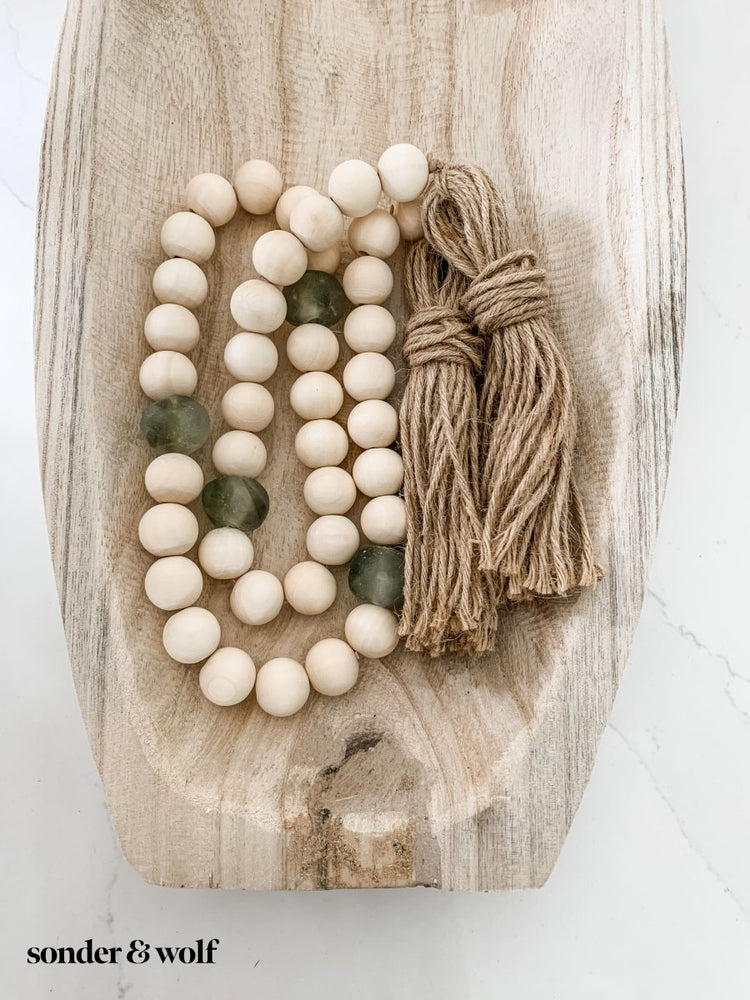 
                  
                    Wood Bead Garland with Olive Green Recycled Glass Beads - sonder and wolf
                  
                