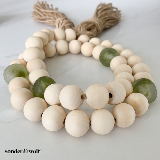 Wood Bead Garland with Olive Green Recycled Glass Beads - sonder and wolf