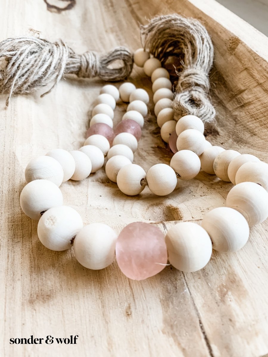 Wood Bead Garland with Rose Recycled Glass Beads - sonder and wolf